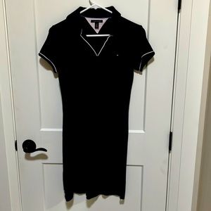 Preppy Navy Polo dress. White Piping. Cotton with stretch. Just above the knee.